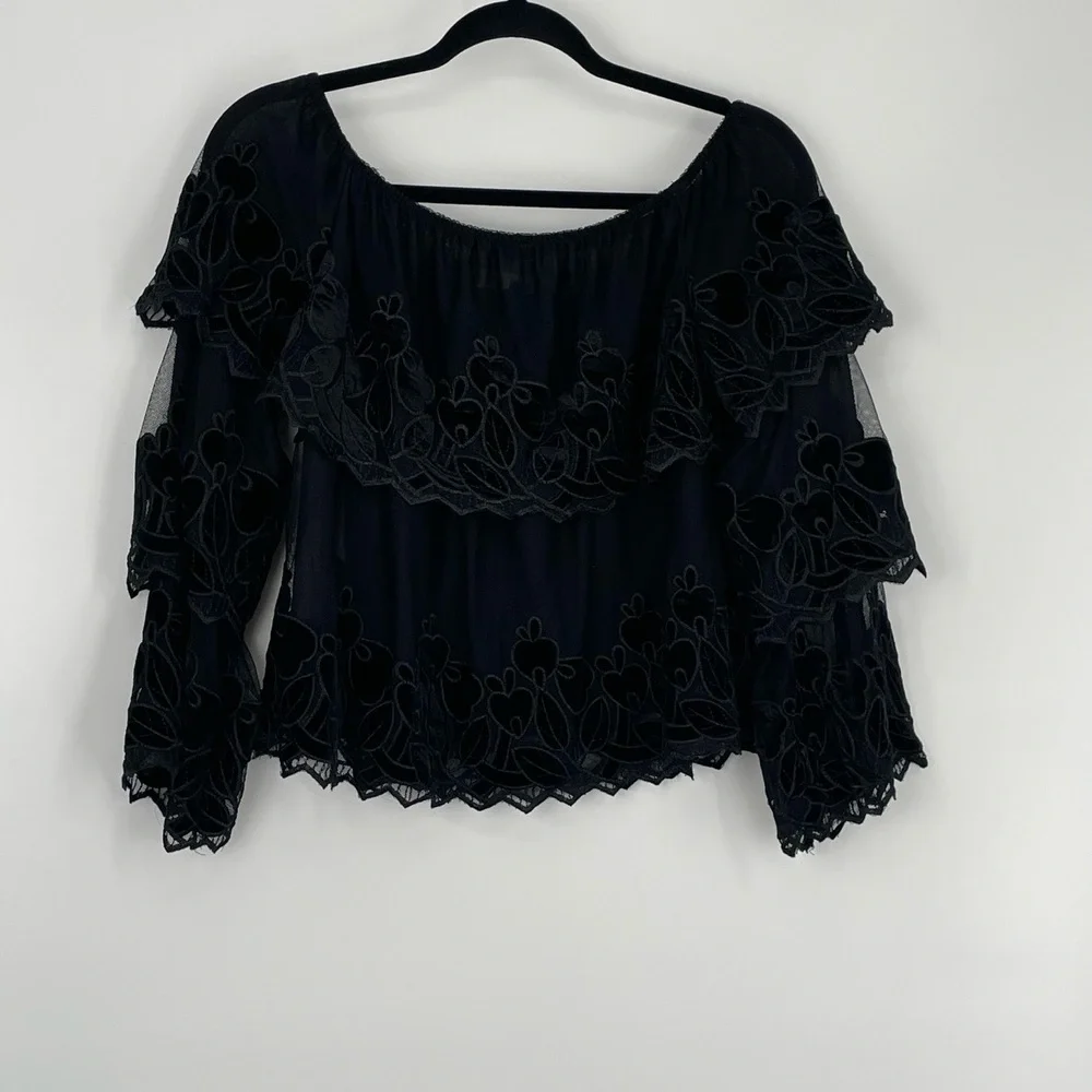 Endless Rose Women's Black Velvet Embroidery Ruffle Off-Shoulder Blouse Size S - Picture 3 of 9